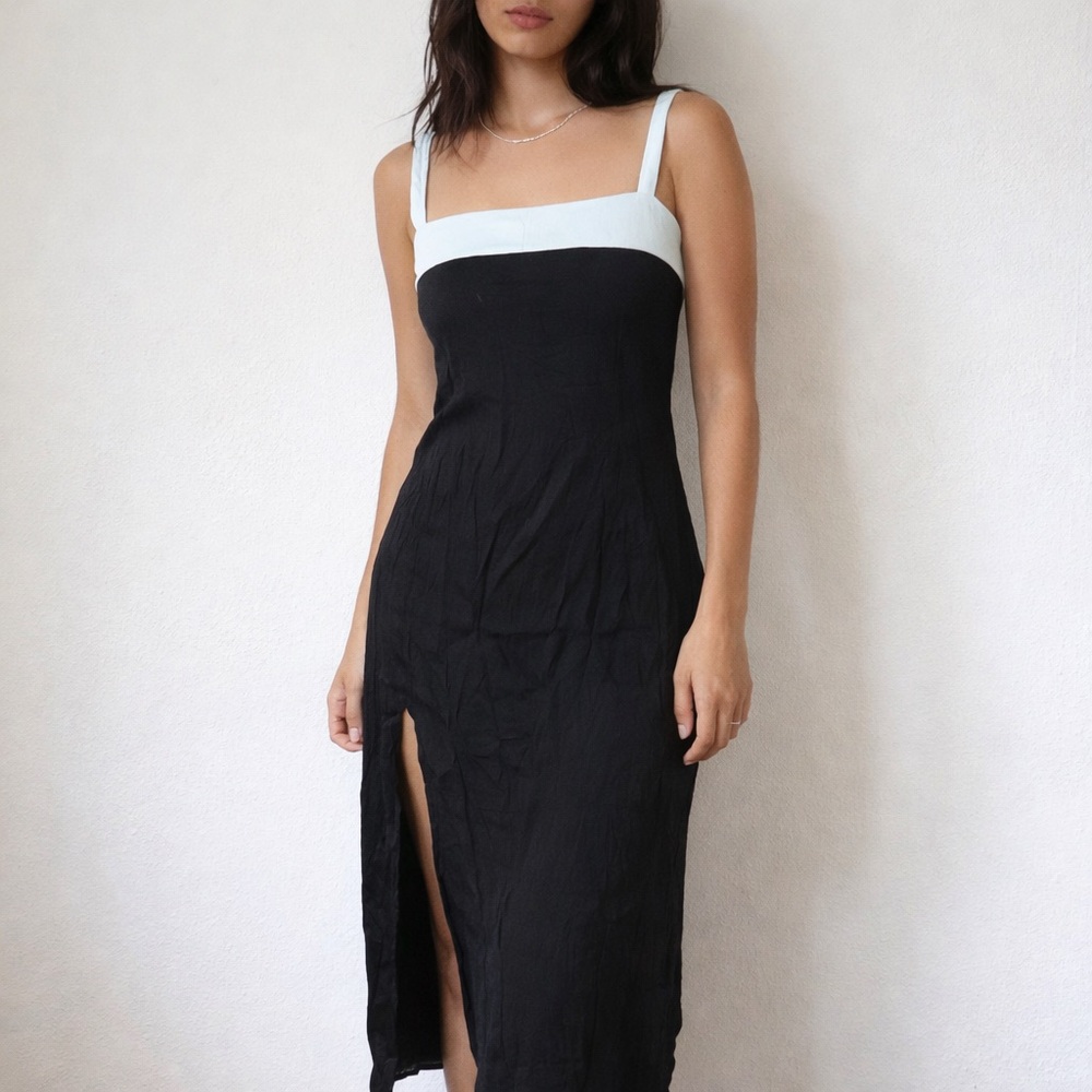 Trois Black White Linen Maxi Dress Size 2 Contrast Strap Minimalist Euro Summer